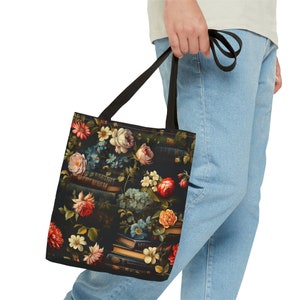 Book Lover Tote Bag, Roses and Flowers Adorning Stacks of Books, Dark Academia Vibes, 3 Sizes, Homework Book Bag, Multi-Use Shopping Tote image 7
