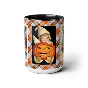 Halloween Mug with Cute Vintage Witch on 15oz Mug, Retro Graphics, Halloween Desk Decor, Trick-or-Treat Cup, Hot Cocoa, Coffee, Tea Mug Gift image 3