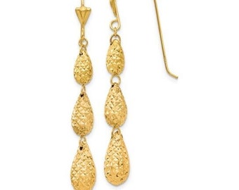 14K Yellow Gold Womens Diamond Cut Triple Teardrop Dangle Earrings 45 mm
