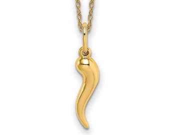 10K Yellow Gold Italian Horn Pendant Necklace Small 18 inch