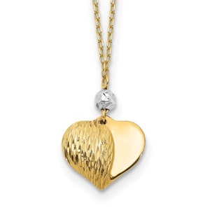 14K Yellow Gold Two Tone Diamond Cut Puffed Heart Pendant Necklace 16 inch