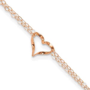 Solid 14K Rose Gold Adjustable Double Strand Cable Chain Heart Charm Anklet Adjustable 10 inch