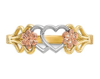 Solid 10K Multi-Tone Gold Women's Heart with Flowers Ring Size 7