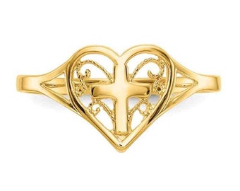 Solid 10K Yellow Gold Women's Heart with Cross Ring Size 6.75