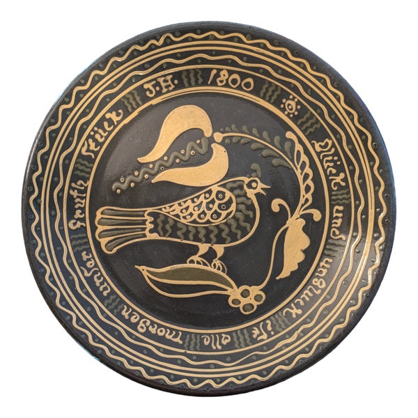 Joel Huntley Wisconsin Pottery Slip Decorated Bird Folk Art Redware Plate 1800