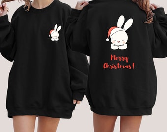 Christmas Bunny Sweatshirt | Santa Rabbit Crewneck | Cute Christmas Present for Bunny Mom | Front and Back Design Rabbit Sweater