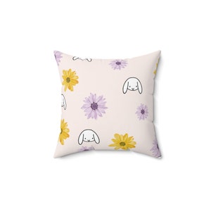 Bunnies and Flowers Square Pillow | Cute Bunny Pillow | Bunny - Rabbit Mom Gift | Nursery Decorative Pillow | Cute Easter Cushion