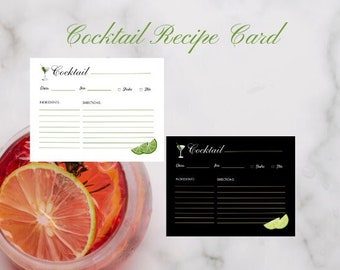 Cocktail Recipe Card Template, Editable Cocktail Recipe Card