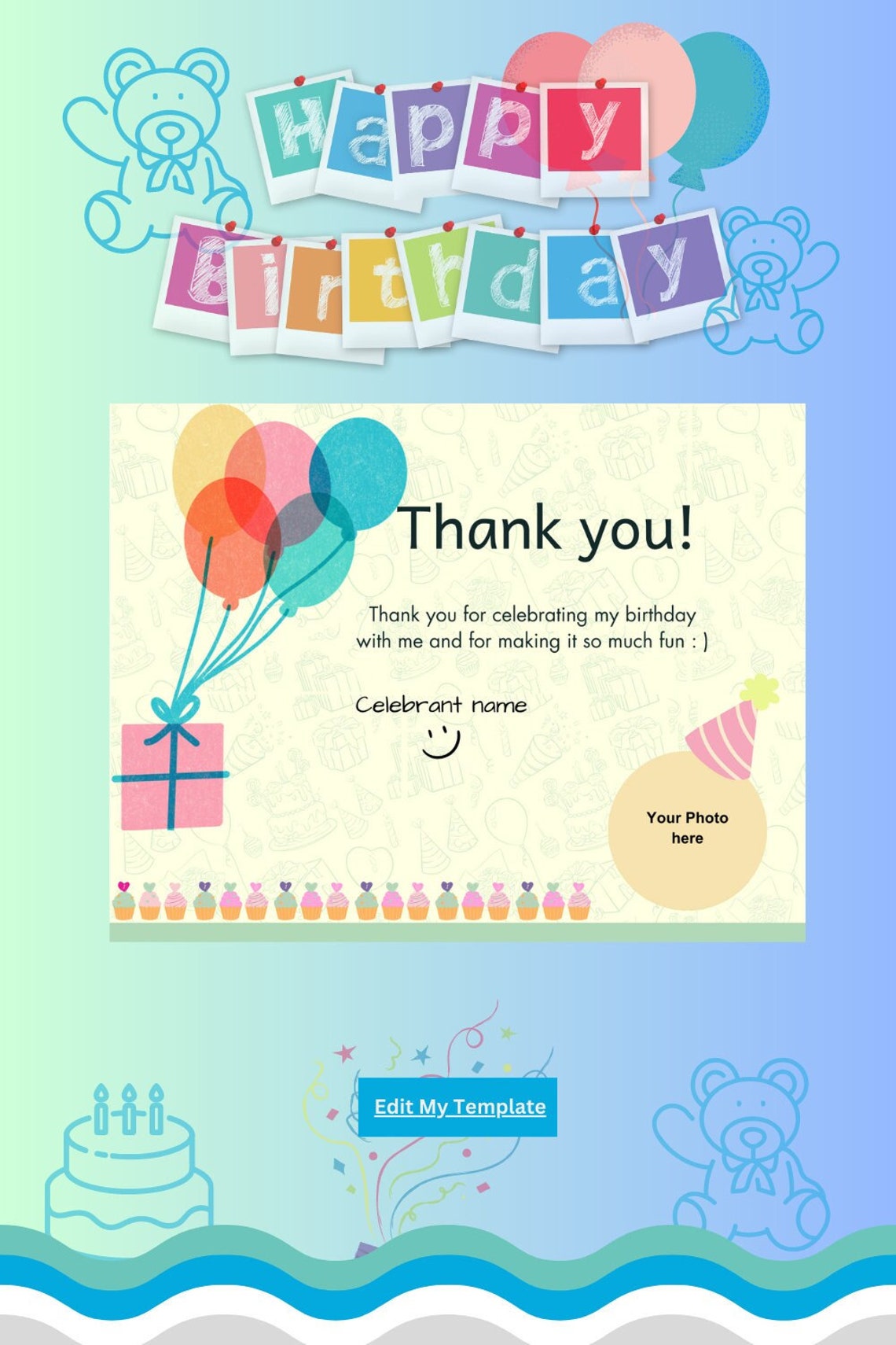 Birthday Thank You Card, Birthday Thank You Card Template, Simple