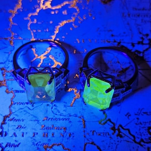 Uranium Glass Ring new Sterling Silver in a size 7 with a Yellow or Green Emerald cut Uranium glass stone that glows under black / UV light
