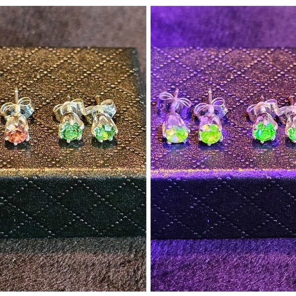 Uranium Glass Earrings in new Sterling Silver with Green Yellow or the rare Pink Vintage Uranium Glass stones, glows under black/UV light