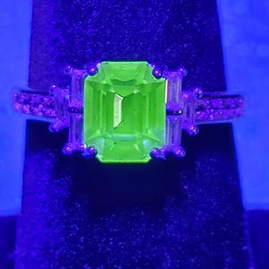 Uranium Glass Emerald cut Ring size 4 through 10.5 in Sterling Silver with a vintage  Uranium glass stone that glows under black / UV light