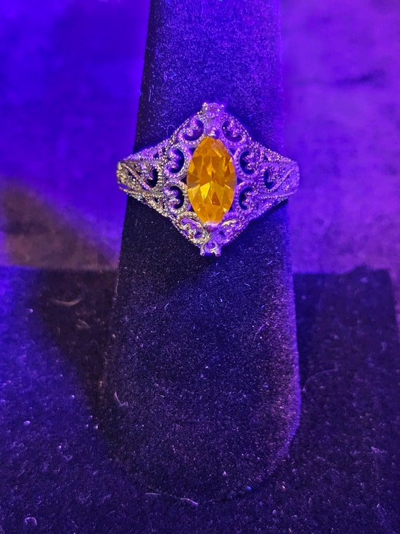 Cadmium Glass Marquise cut Ring Size 7.5 Art Deco style Sterling Silver with a vintage Cadmium glass stone that glows under black / UV light
