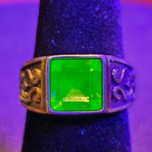 Uranium Glass Men's Ring Adjustable with 10x10 mm vintage Uranium glass Square cut stone glows under black / UV light