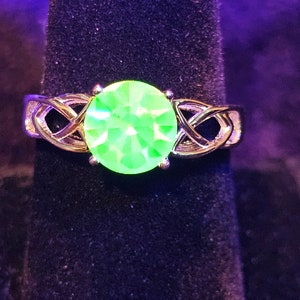Uranium Glass Round cut Celtic Knot Ring in size 4 to 10.5 Sterling Silver with vintage Uranium glass stone that glows under black/UV light