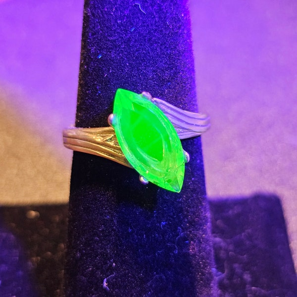 Uranium Glass Ring Size 7 Sterling Silver with a vintage Marquee cut Uranium glass stone that glows under black / UV light