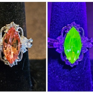 Anillo de corte marquesa de vidrio de uranio en todos los tamaños, estilo flor de lis, plata esterlina vintage, piedra de vidrio de uranio que brilla bajo luz negra/UV