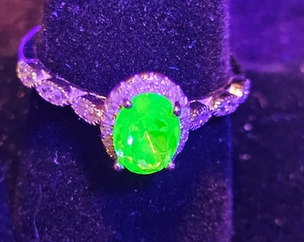 Uranium Glass Ring size 5 through 10 in Sterling Silver with vintage Oval cut Uranium glass stone that glows under black / UV light