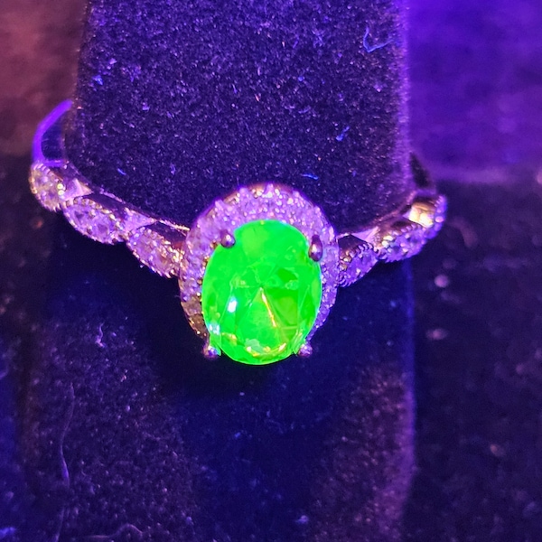 Uranium Glass Ring size 5 through 10 in Sterling Silver with vintage Oval cut Uranium glass stone that glows under black / UV light