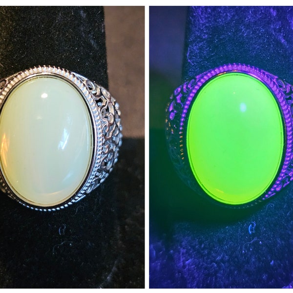 Uranium Glass Men's Ring Adjustable with 18x13 mm vintage Uranium glass  Cabochon cut opal colored stone that glows under black / UV light