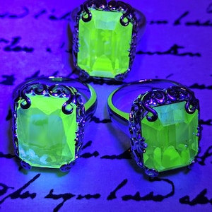 Uranium Glass Emerald cut Art Deco Ring size 6 to 8 in new Sterling Silver with vintage Uranium glass stone that glows under black/UV light