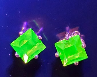 Uranium Glass Earrings in new Sterling Silver with Vintage Princess cut Uranium Glass stones, 6mm glows under black/UV light