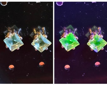 Uranium Glass Earrings in Sterling Silver with Vintage Recycled Uranium Glass 5 mm Princess cut stones that glow under black/UV light