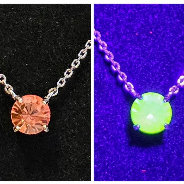 Uraniumglashänge med kedja, nytt sterlingsilver med vintage, sällsynt rosa 6 mm rundslipad uraniumglassten som lyser under svart/UV-ljus