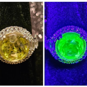 Uranium Glass Round cut Ring size 7.5 New Halo style Sterling Silver with a vintage Yellow Uranium glass stone that glows under black/UV lig