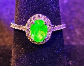 Uranium Glass Ring size 4.5 through 10.5 in new Sterling Silver with vintage Oval Uranium glass stone that glows under black / UV light