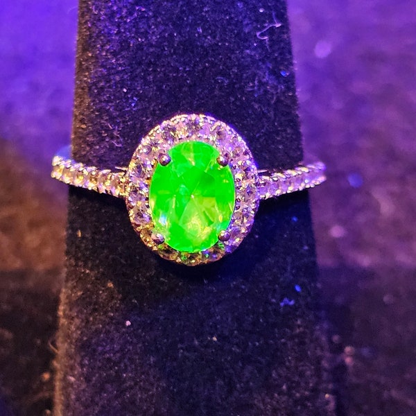 Uranium Glass Ring size 4.5 through 10.5 in new Sterling Silver with vintage Oval Uranium glass stone that glows under black / UV light