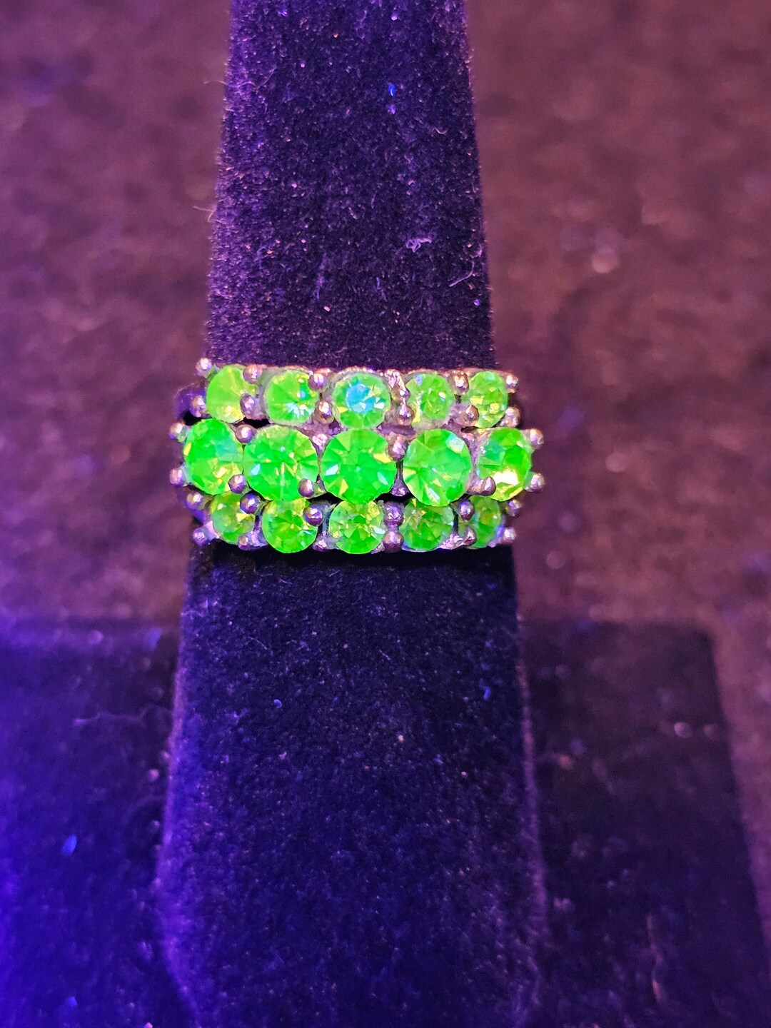 Uranium Glass Ring size 7 New Sterling Silver with 15 vintage round cut
