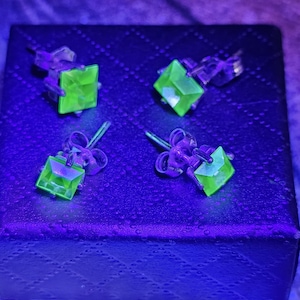 Uranium Glass Earrings in new Sterling Silver with Vintage Princess cut Uranium Glass stones, 5 mm or 6 mm glows under black/UV light