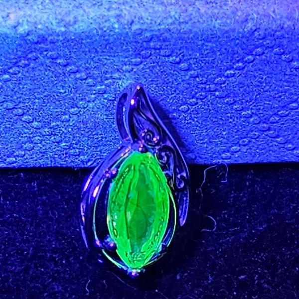 Uranium Glass Pendant in Sterling Silver with a vintage Marquee cut Uranium Glass stone glows under black / UV light