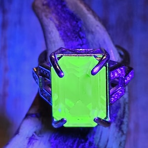 Uranium Glass Emerald cut Ring new Sterling Silver in a size 7 with a vintage 16x12mm  Uranium glass stone that glows under black / UV light