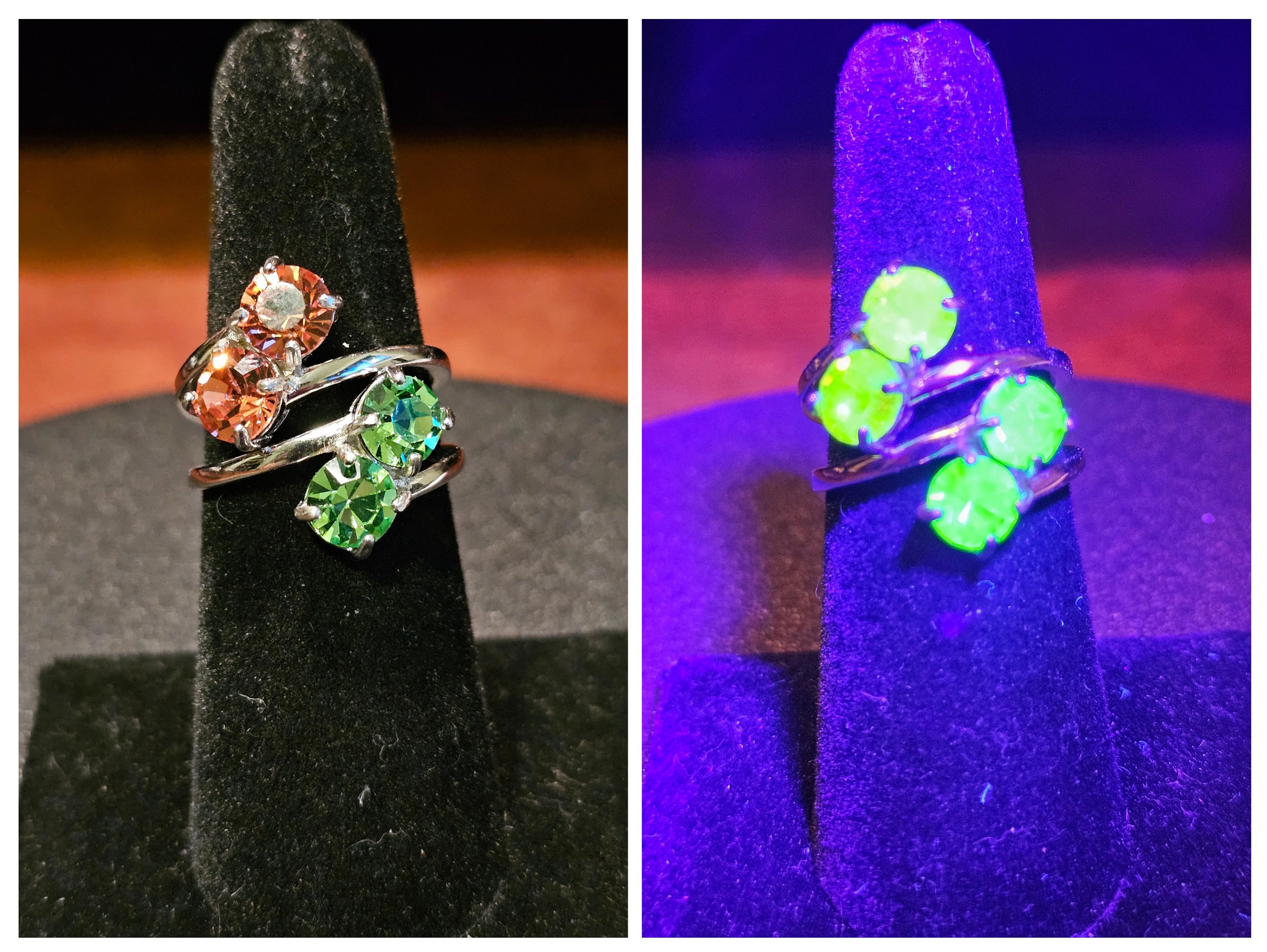 Uranium Glass Round Cut Ring Size 7 in Sterling Silver With 2