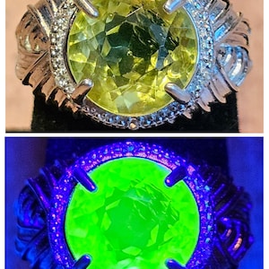 Uranium Glass Round cut Ring size 8.5 New Vintage style Sterling Silver with a vintage Uranium glass stone that glows under black/UV light