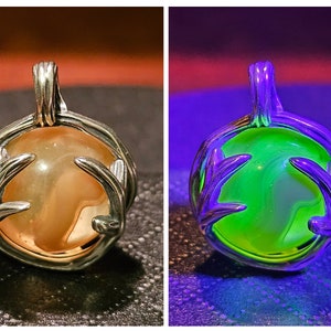 Uranium Glass Pendant in new Sterling Silver with a vintage 16 mm round Uranium Glass marble that glows under black / UV light