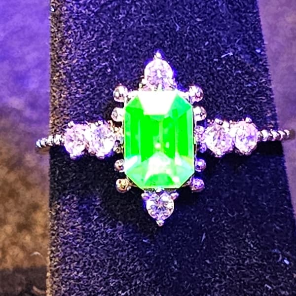 Uranium Glass Ring size 6 through 10 Sterling Silver with accent stones and a vintage Uranium glass stone that glows under black / UV light