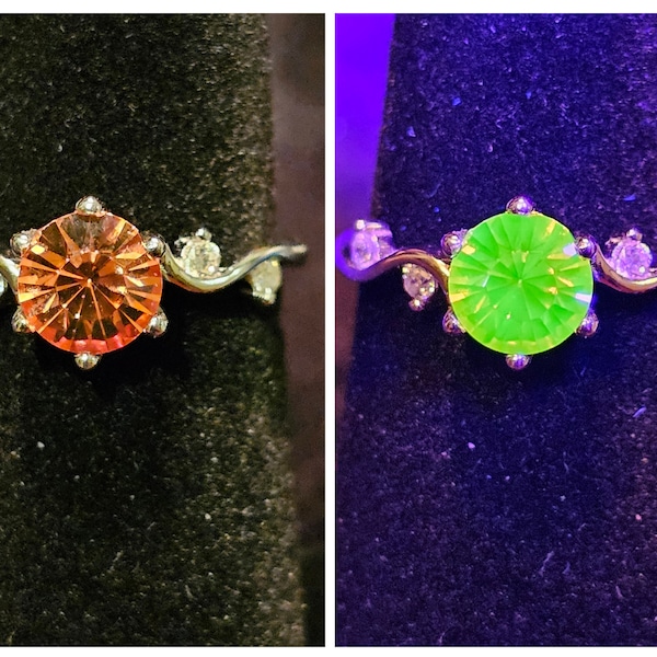 Uranium Glass Round cut Ring size 5 to 11 new Sterling Silver with a vintage rare Pink Uranium glass stone that glows under black / UV light