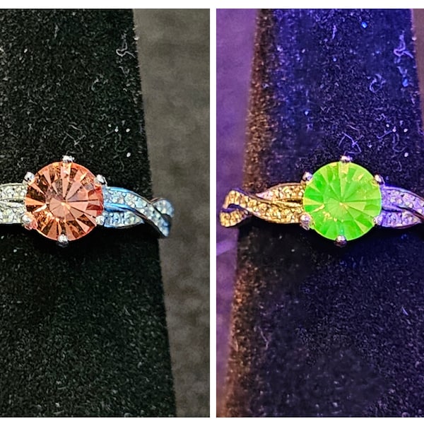 Uranium Glass Ring size 6 through 10 Sterling Silver with a vintage Pink round cut Uranium glass stone that glows under black / UV light