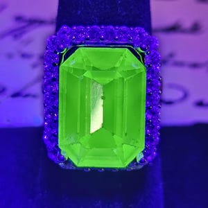 Uranium Glass Emerald cut Halo style ring in size 7, new Sterling Silver with vintage Uranium glass stone that glows under black / UV light