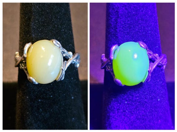 Uranium Glass Adjustable Ring in new Sterling Silver with large 12x10 mm vintage Uranium glass Oval Moonstone glows under black / UV light