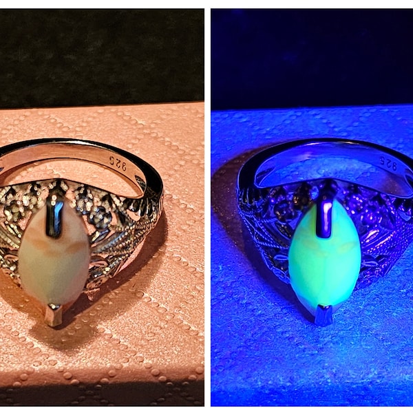 Bloody Uranium Glass Ring Size 7 art deco Sterling Silver with a vintage Marquee cut Uranium glass stone that glows under black / UV light