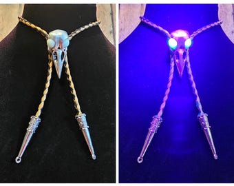 Uranium Glass Bolo Tie Raven skull design leather cord, Charm tips, with vintage Uranium Glass 8 mm beads that glow under black / UV light