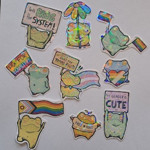 Pode incluir: Um conjunto de dez adesivos de sapo holográficos com várias mensagens, incluindo "Let's Frog the System!" e "Ribbit for Trans Rights!" Os adesivos apresentam sapos em diferentes poses, alguns segurando cartazes, outros com corações e flores.