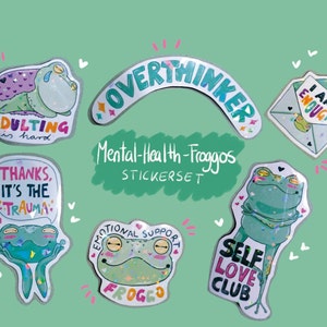 Glitter vinylstickerset Mental Health Froggos - kikkers met uitspraken over geestelijke gezondheid (willekeurige afwerking)