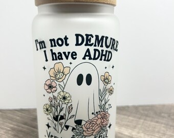 Frosted glass can cup. Iced coffee cup . Demure. Not demure. Halloween. Ghost. Spooky. Cutesy. Flowers. Gift for him/her. Personalize. 16oz