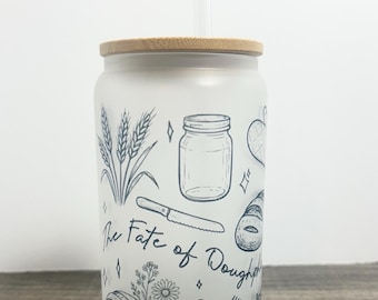 Frosted Glass Can Tumbler: Bread Design, with Bamboo Lid