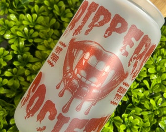 Mystic falls. Rippers. Iced coffee cup. Frosted glass cup. Vampires. Holiday gifts. Gift for him. Gift for her. Blood. Stefen. 16oz can cup